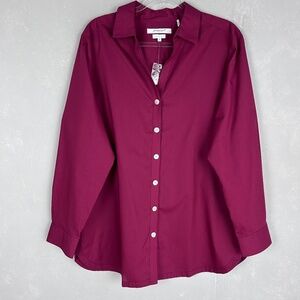 Foxcroft plus size 18 long sleeve button up burgundy wrinkle free poplin cotton